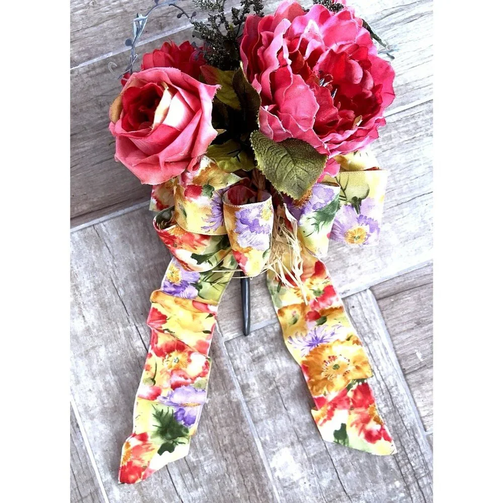 SPRING Flower BOUQUET Handmade Bow Coral Red Yellow Purple Peony Rose Zinnia